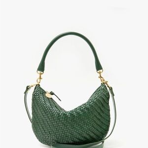 Clare V evergreen woven zig zag bag with additional black and white strap